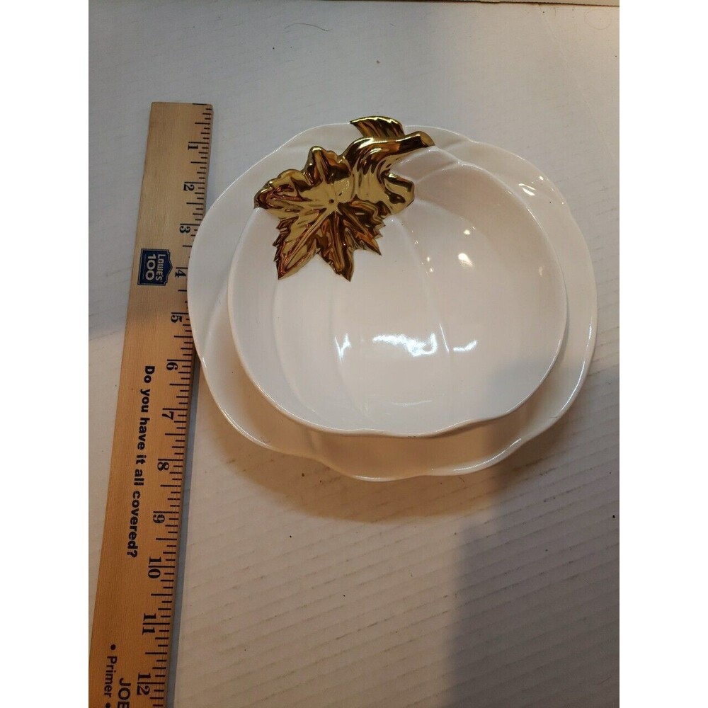 New White Pumpkin Bowl & Plate Gold Stem Thanksgiving Serving Home Decor